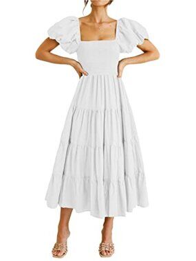 Smocked Midi A-Line Dress Square Neck Puffy Sleeve Ruffle Open Back Summer